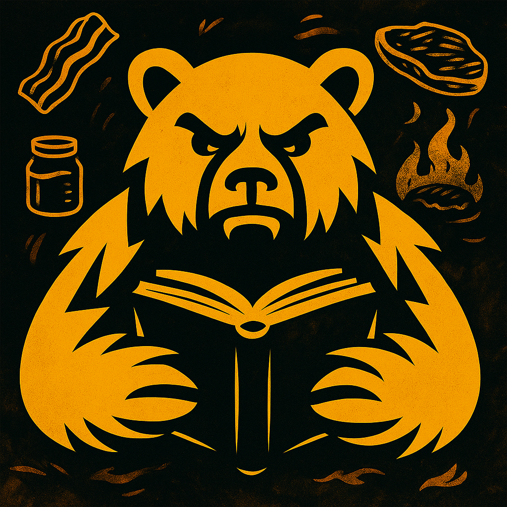 Ilustración del oso de Bestial Marmalade leyendo, rodeado de bacon, cecina y un tarro de mermelada